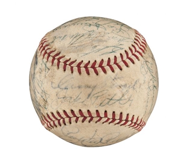 1955 Dodgers and Yankees Signed Game Used World Series Baseball (35 Signatures including Robinson, Campanella, Stengel, Hodges)